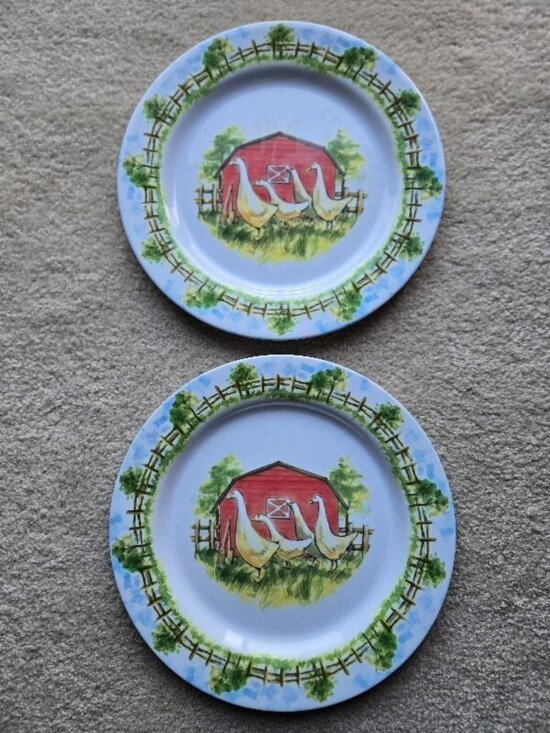 Elegant Dining Other - Two Heavy White Melamine Plates with 4 Geese in Country Setting 12 in. Diameter